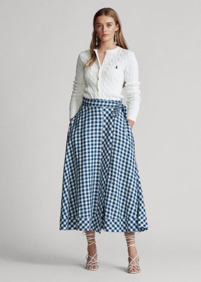 Falda Polo Ralph Lauren Mujer Azules / Blancos - Gingham Linen Wrap - JIQTG9652